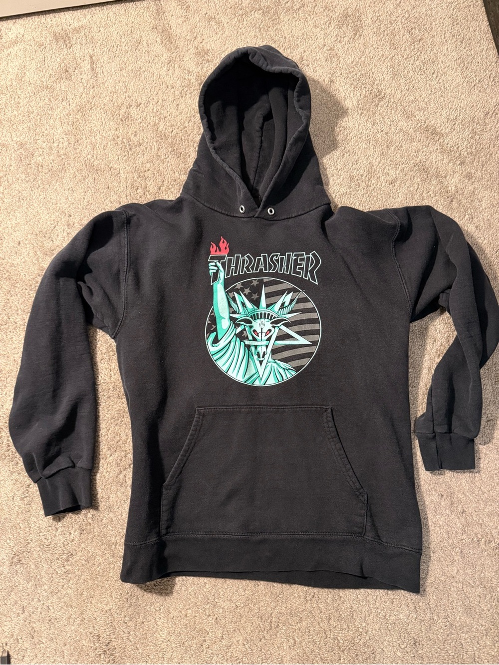 Thrasher Black Crewneck Sweatshirt with Mint Green & Red Statue Graphic